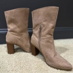 Mid Calf Beige Suede Pointed Toe Boots